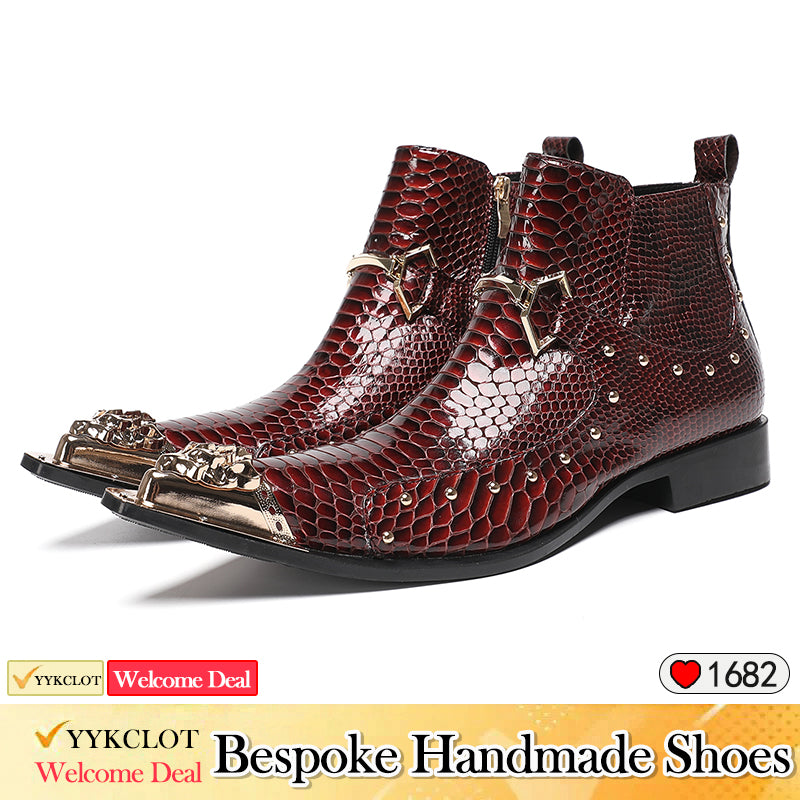 Red metal pointed snake skin metal buckle boots