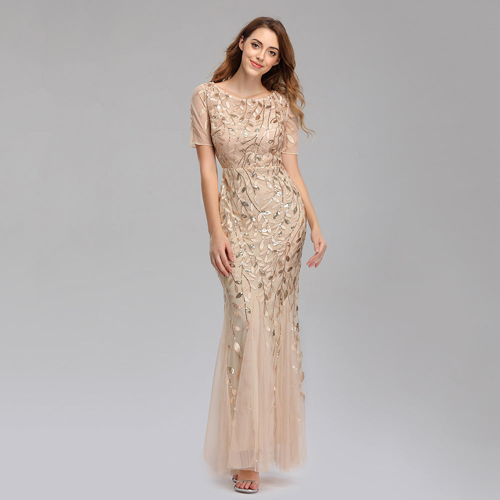 Lace sequin embroidered V-neck dress