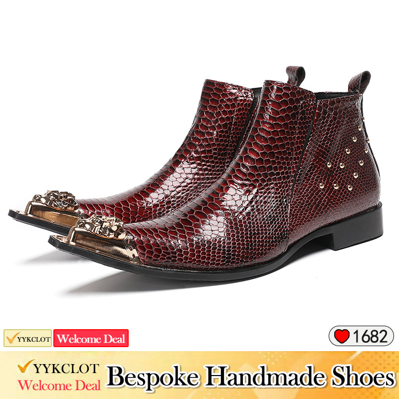 Red metal pointed snake skin metal buckle boots
