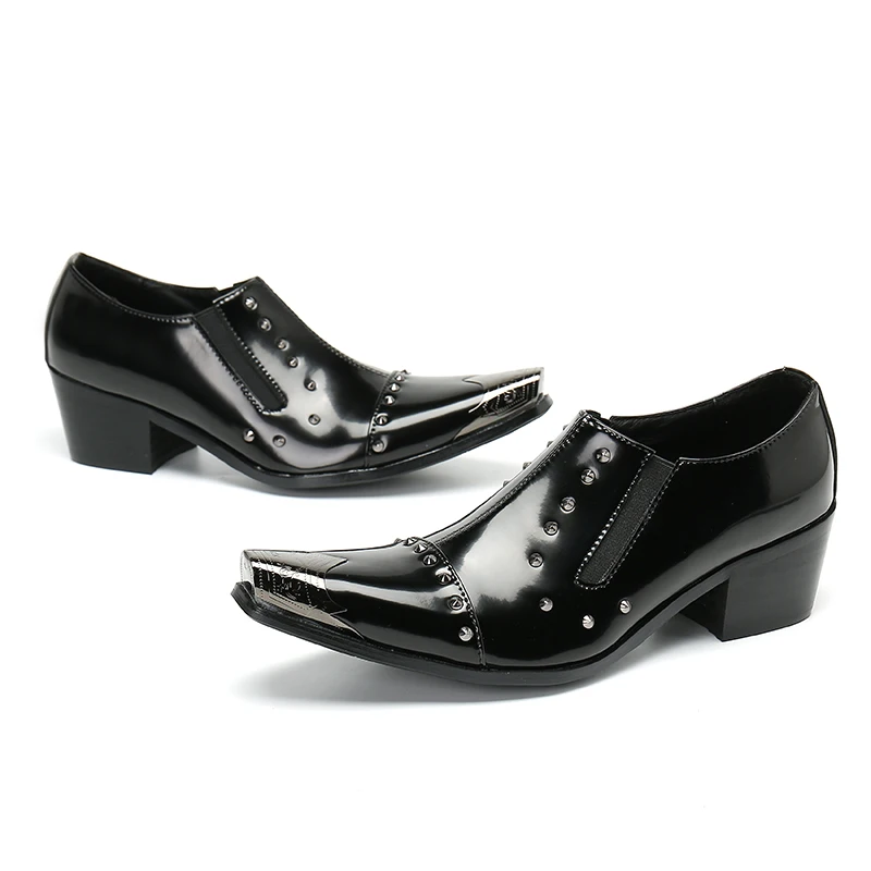 Black handmade patent leather high-heeled Men's dress shoes