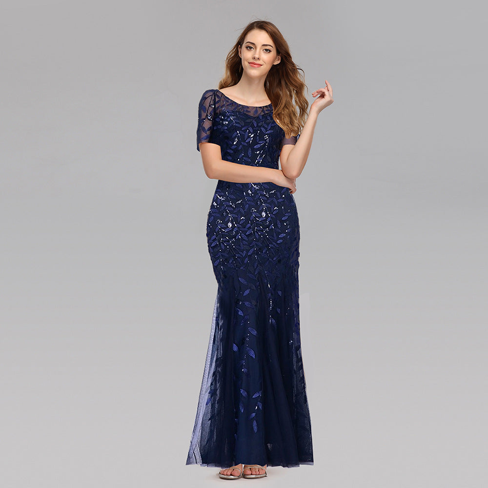 Lace sequin embroidered V-neck dress