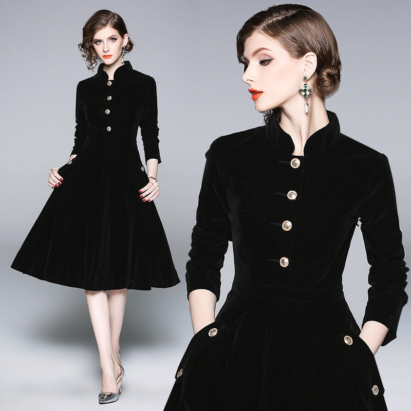 Black Hepburn stand-up neck gold velvet dress