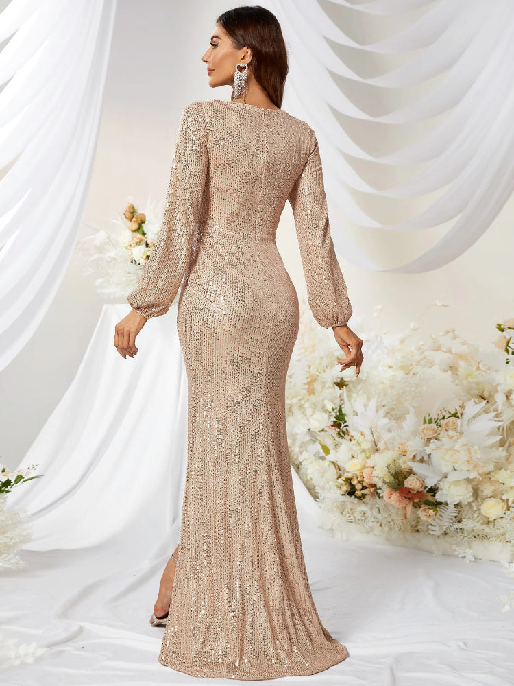 Sequin V-neck long sleeved fishtail ball evening gown