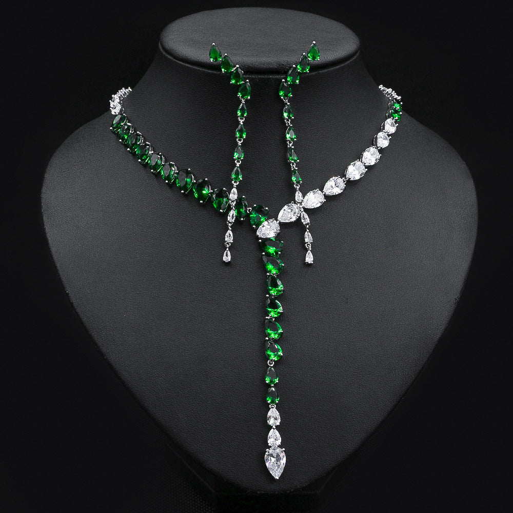 Luxury Green Crystal Y Necklace Set – Sparkling Drop Earrings Jewelry