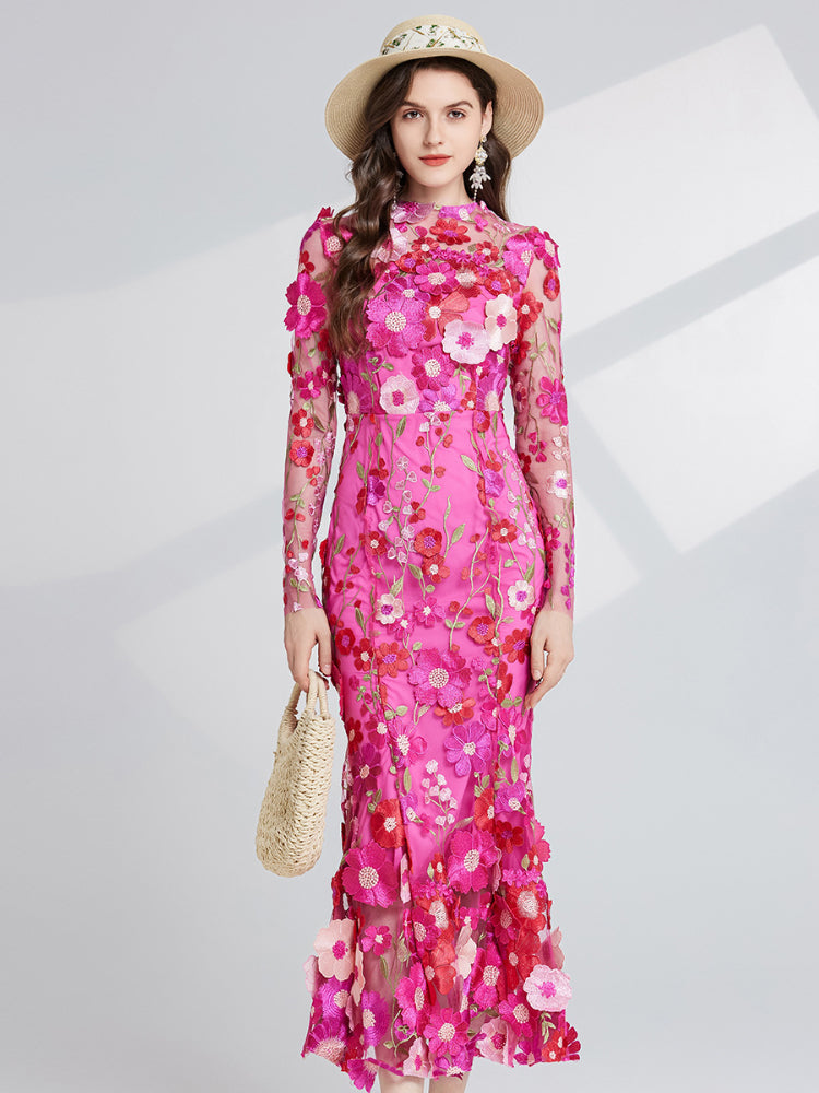 French three-dimensional embroidery long sleeved dress