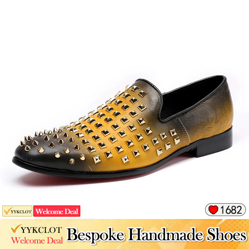 Yellow fashion hand-studded leather men's dress shoes