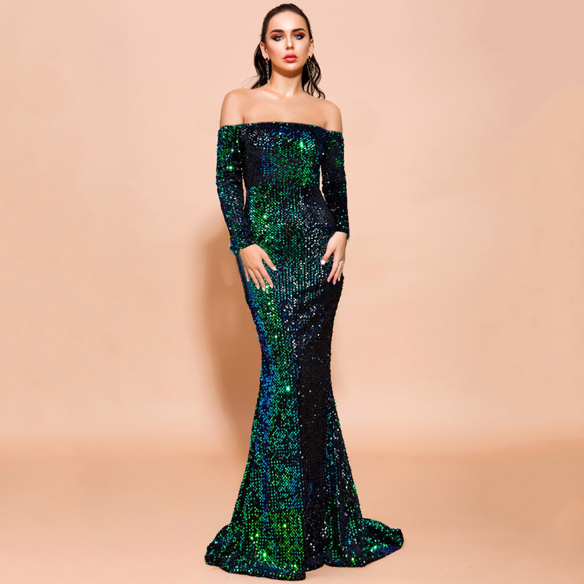 Sexy tube top one-word shoulder long-sleeved sequin dress