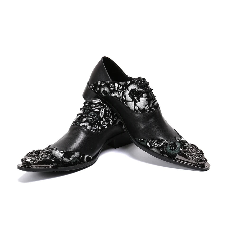 Black embroidered pointy Men's dress shoes