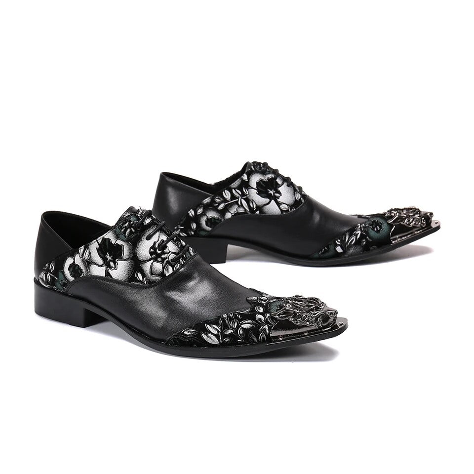 Black embroidered pointy Men's dress shoes