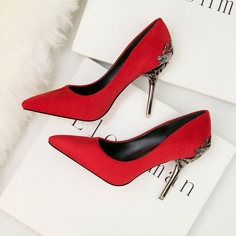 Metal hollow suede pointed heels