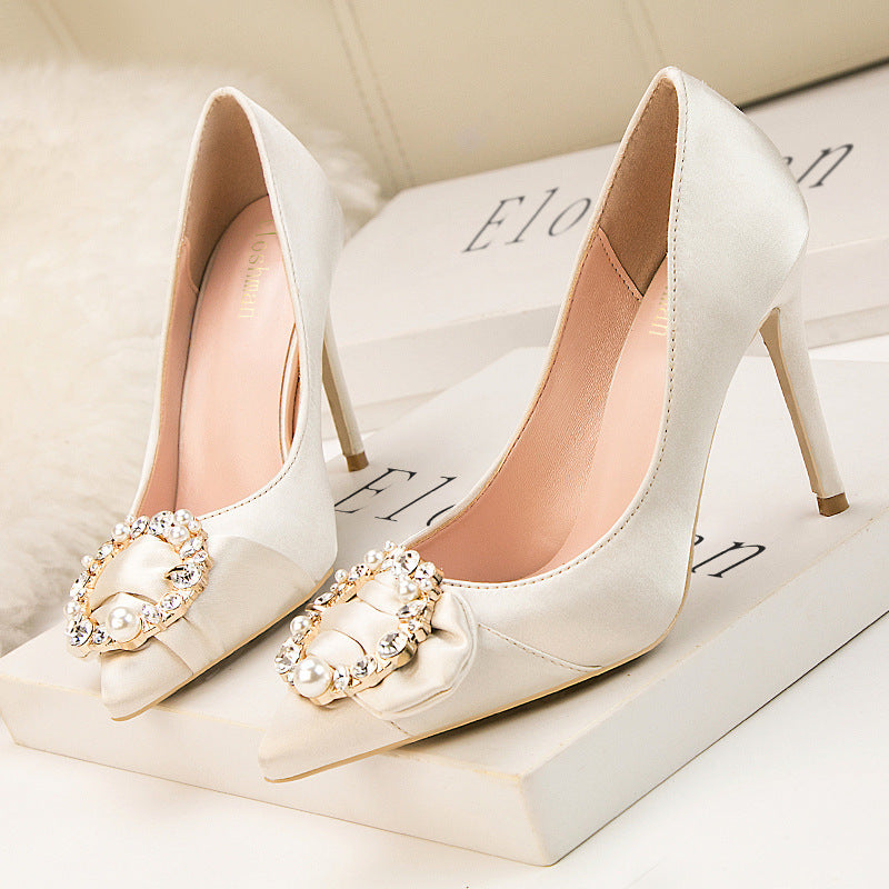 Stylish shiny rhinestone buckle high heels