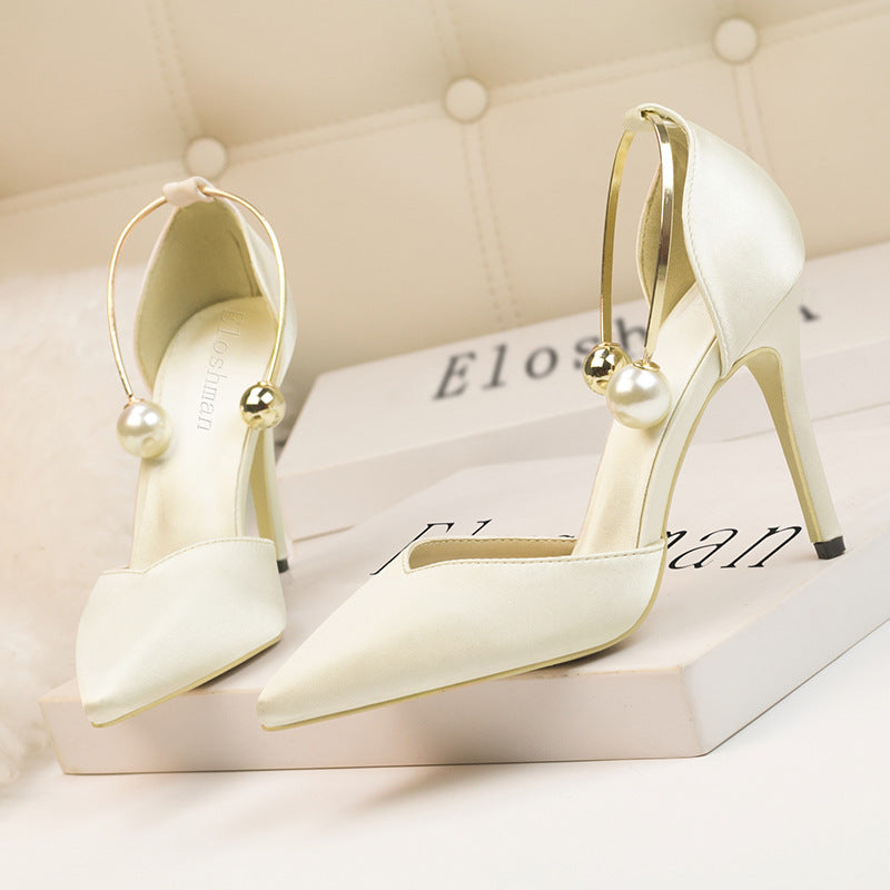 Fashion satin hollow metal word with high heel sandals