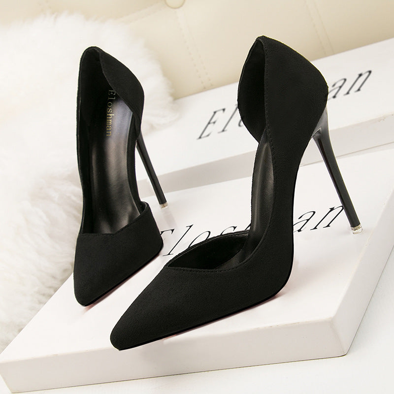 Simple suede hollow pointed high heels