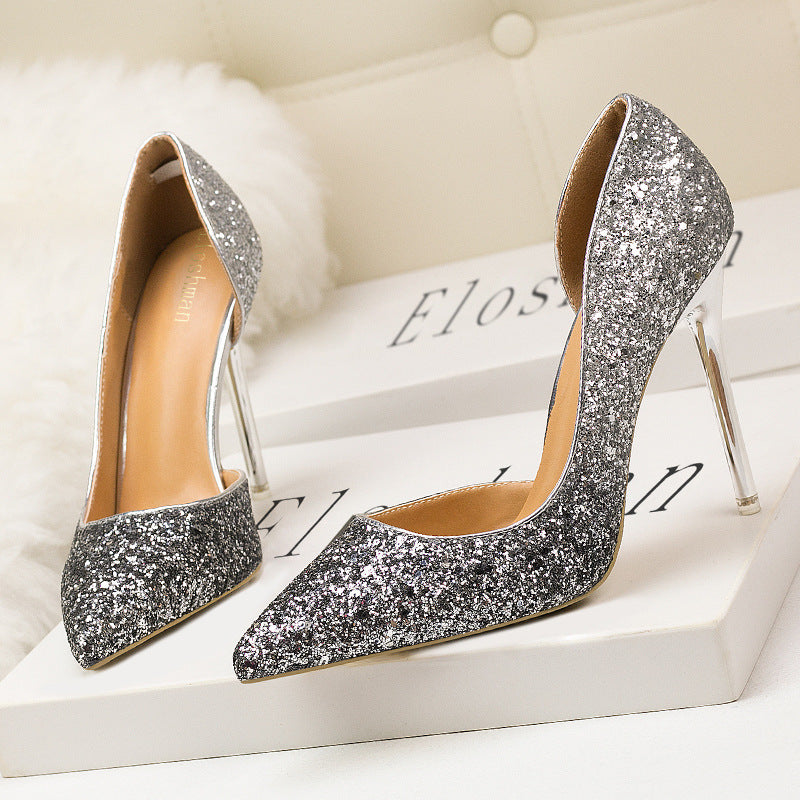 Sexy pointed side hollow sequin heels