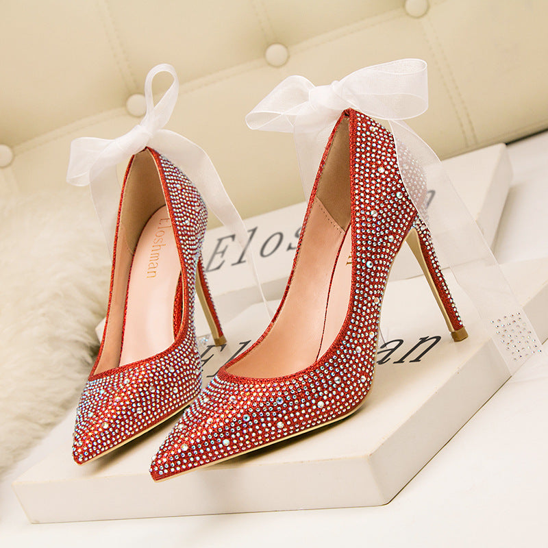 Pointed sexy rhinestones colored diamonds wedding banquet high heels