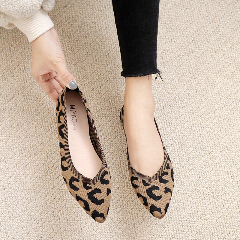 Fashion woven leopard print flat bottom shallow mouth loafers