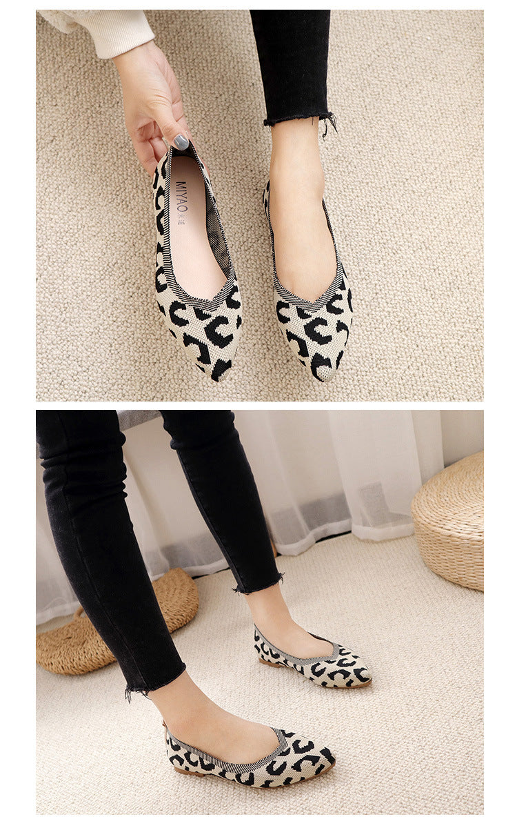 Fashion woven leopard print flat bottom shallow mouth loafers