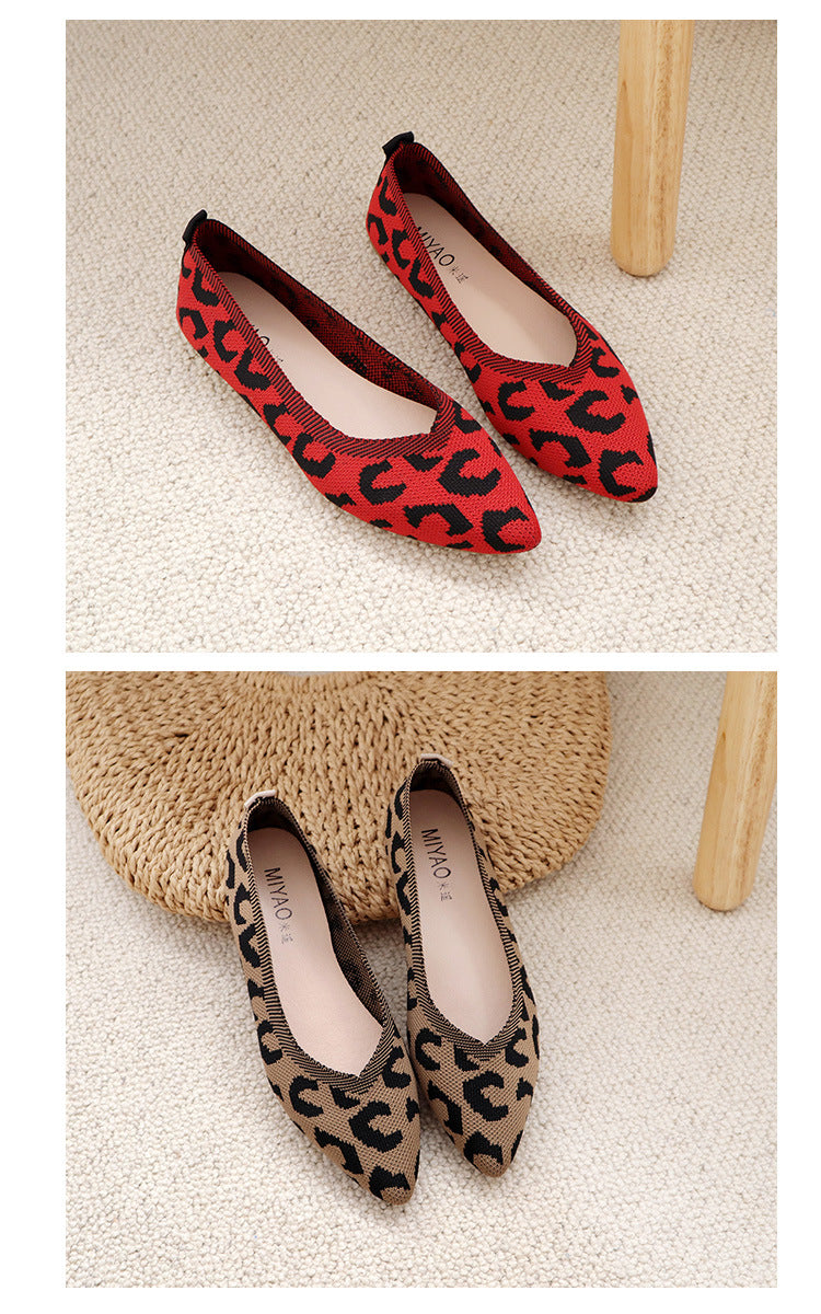 Fashion woven leopard print flat bottom shallow mouth loafers