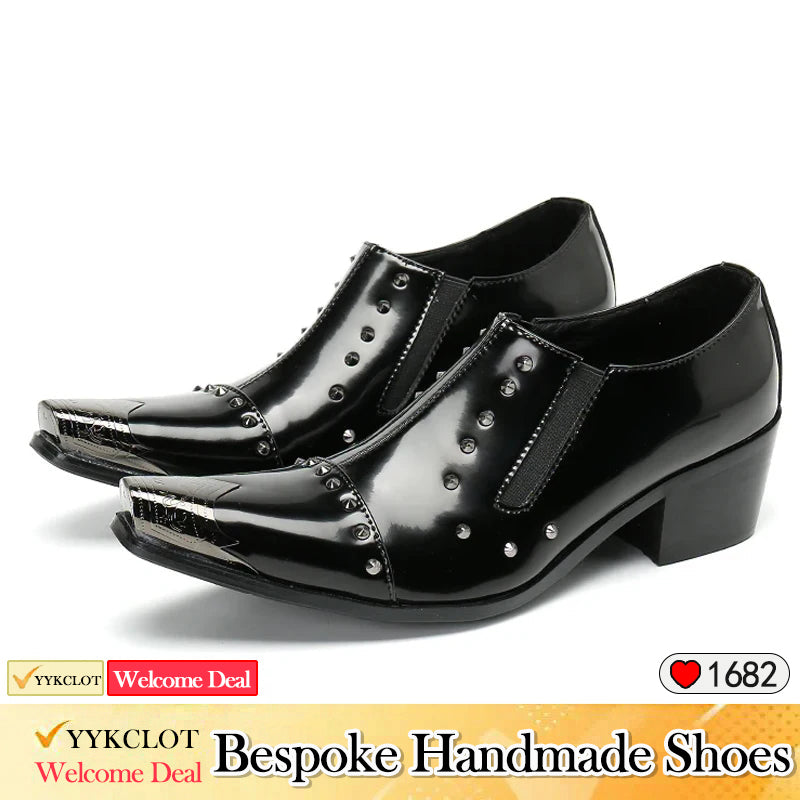 Black handmade patent leather high-heeled Men's dress shoes