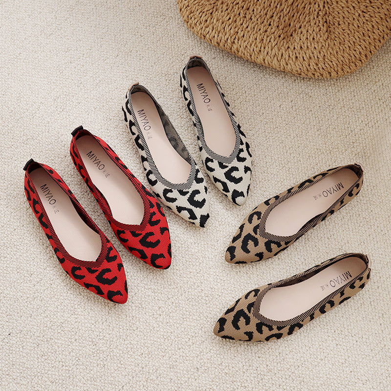 Fashion woven leopard print flat bottom shallow mouth loafers