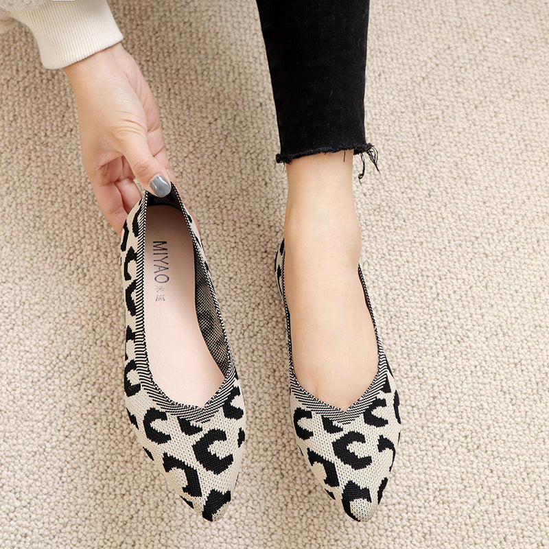 Fashion woven leopard print flat bottom shallow mouth loafers