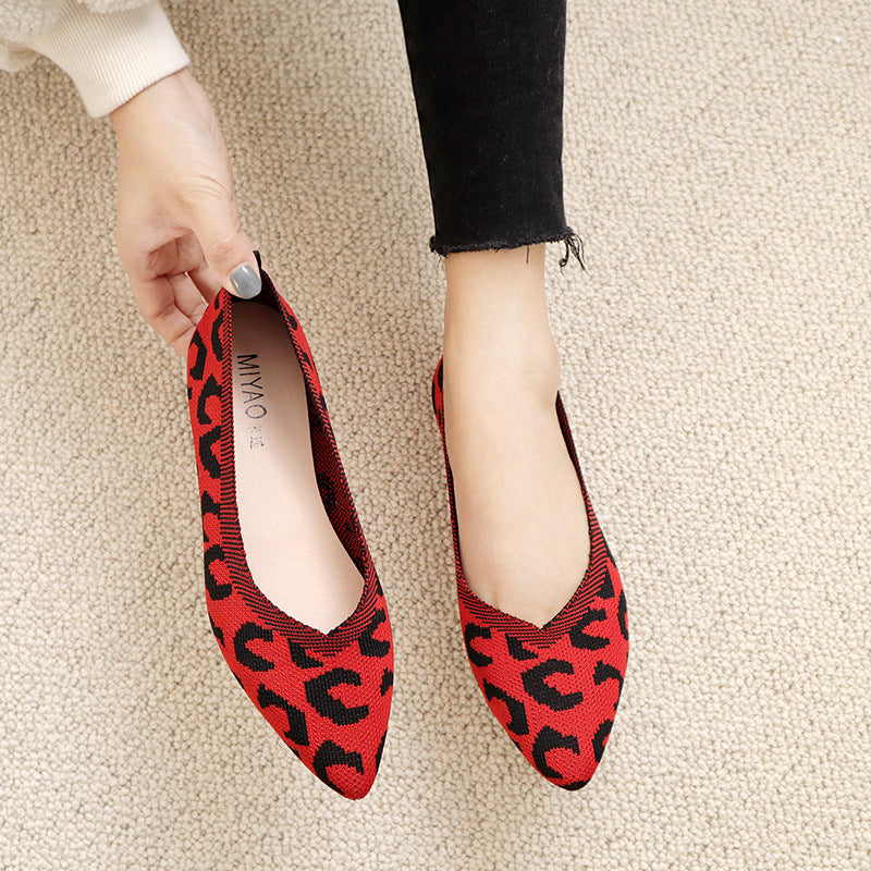 Fashion woven leopard print flat bottom shallow mouth loafers