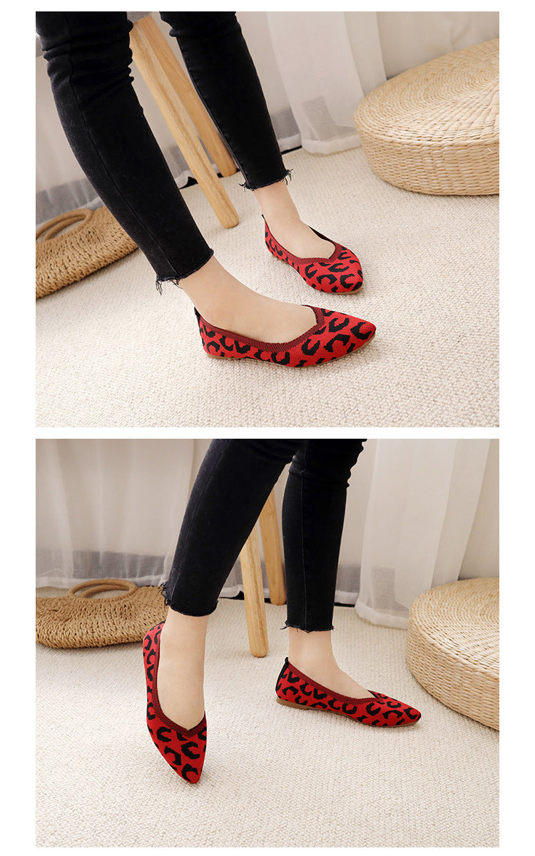 Fashion woven leopard print flat bottom shallow mouth loafers