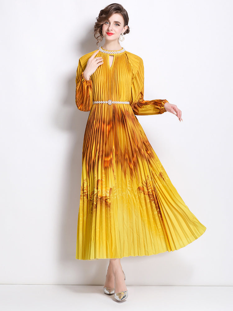 Light luxury pleated long sleeve gradual change color dress