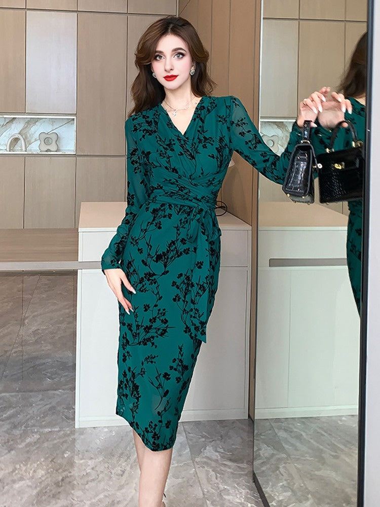 Fashionable embroidered slim fit plush dress