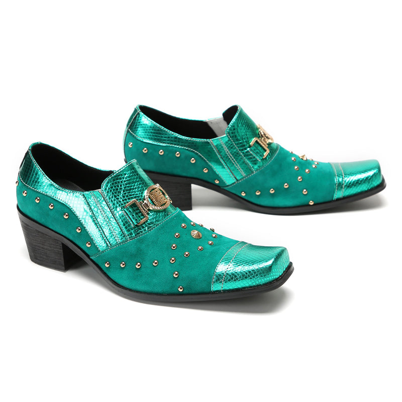 Green studded high-heeled dress shoes Men's fashion leather dress shoes