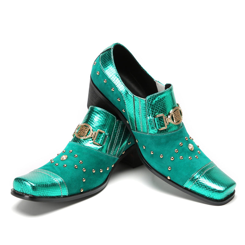 Green studded high-heeled dress shoes Men's fashion leather dress shoes