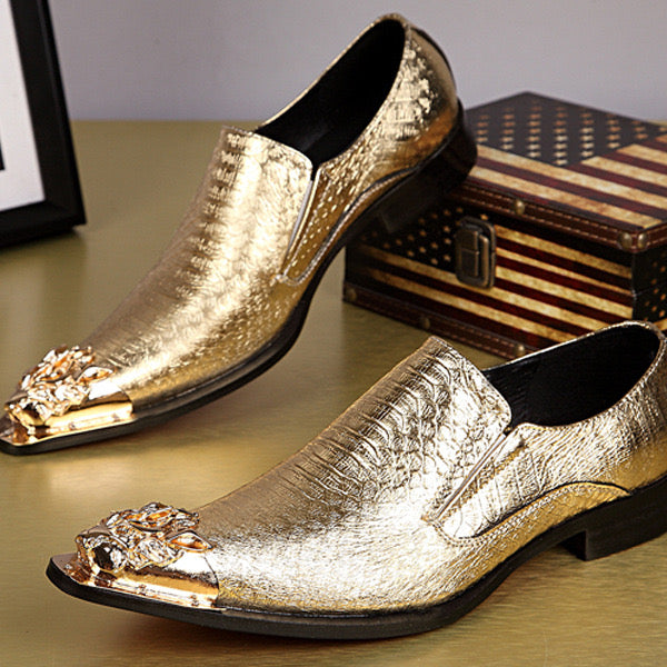 Gold snake-print pointed dress shoes Men's fashion dress shoes