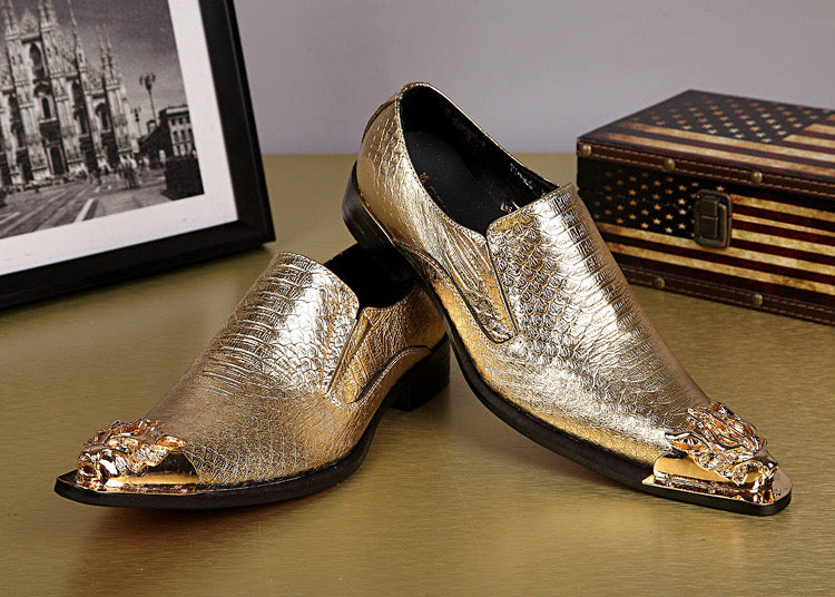 Gold snake-print pointed dress shoes Men's fashion dress shoes