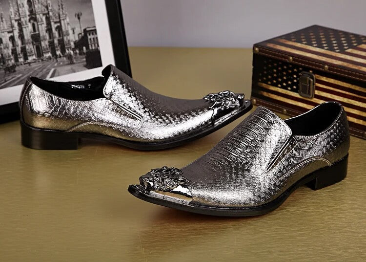 Gold snake-print pointed dress shoes Men's fashion dress shoes