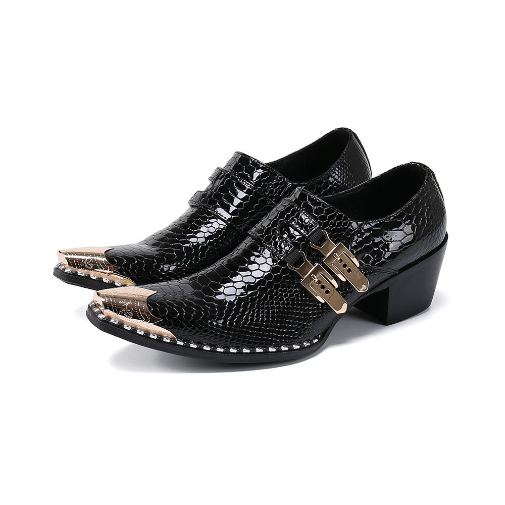 Black snake skin gold buckle men's high-heeled dress shoes