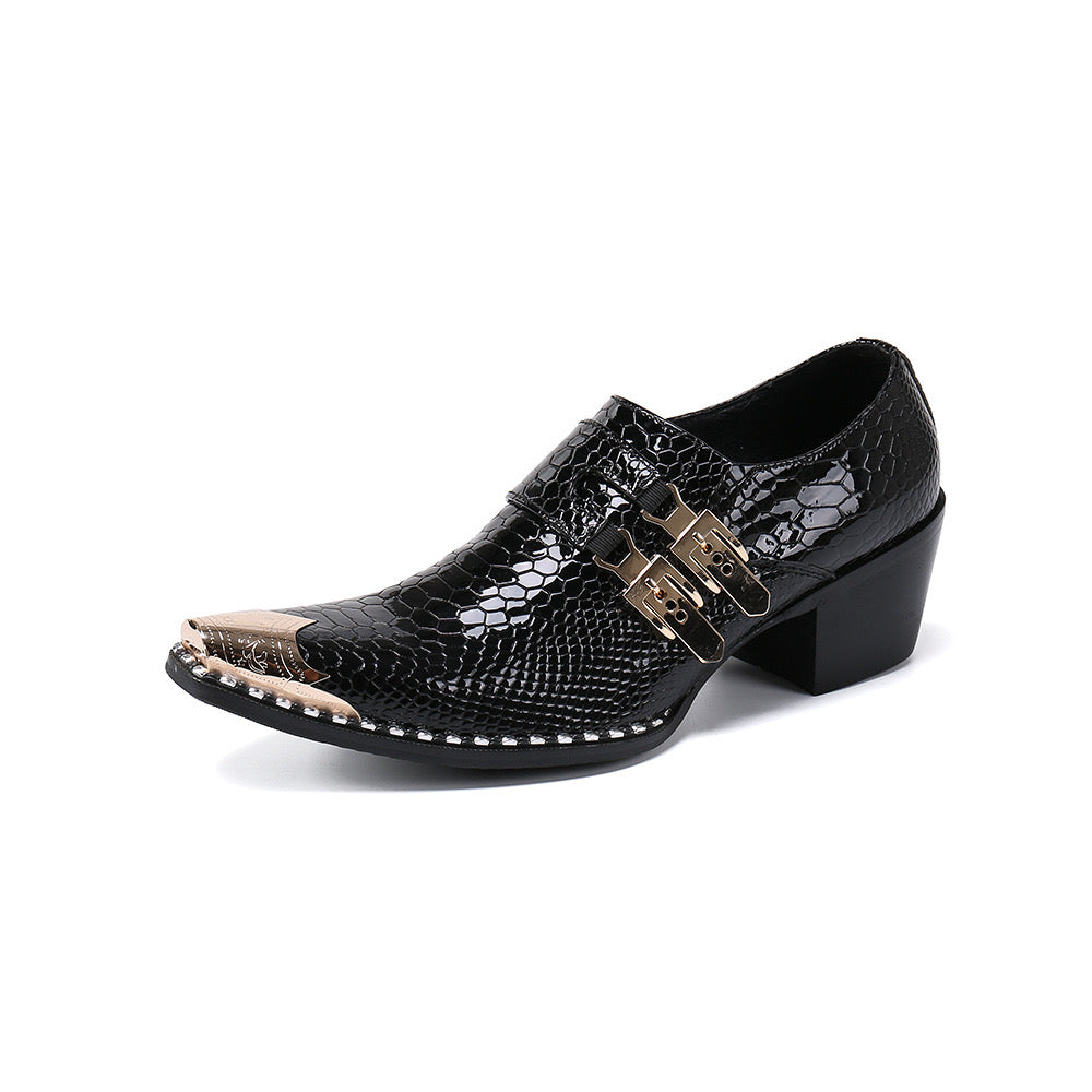 Black snake skin gold buckle men's high-heeled dress shoes