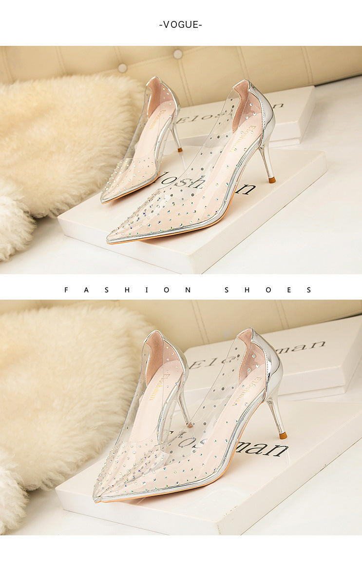 Simple pointed rhinestone transparent high heels