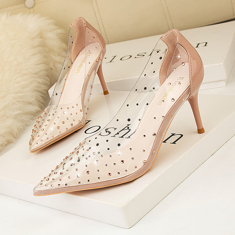 Simple pointed rhinestone transparent high heels