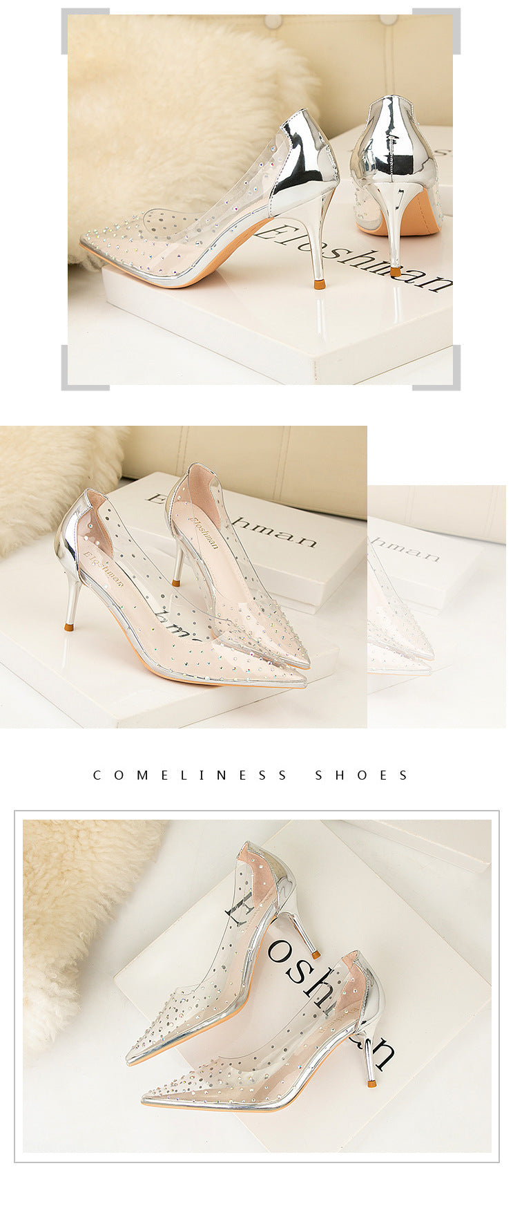 Simple pointed rhinestone transparent high heels