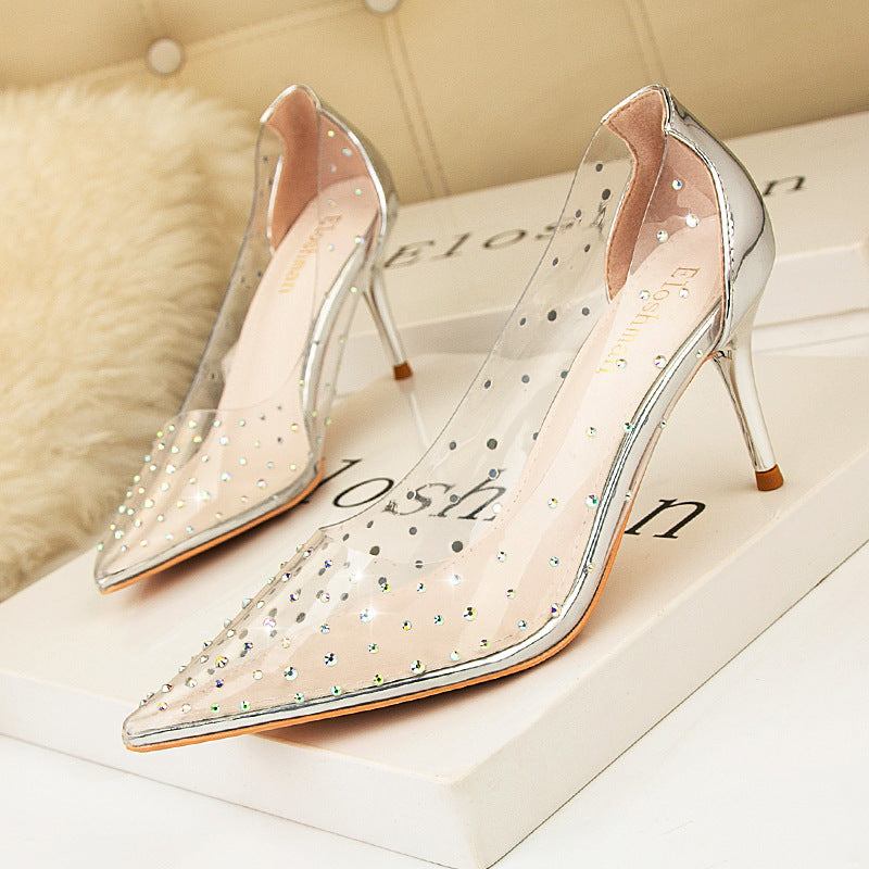 Simple pointed rhinestone transparent high heels