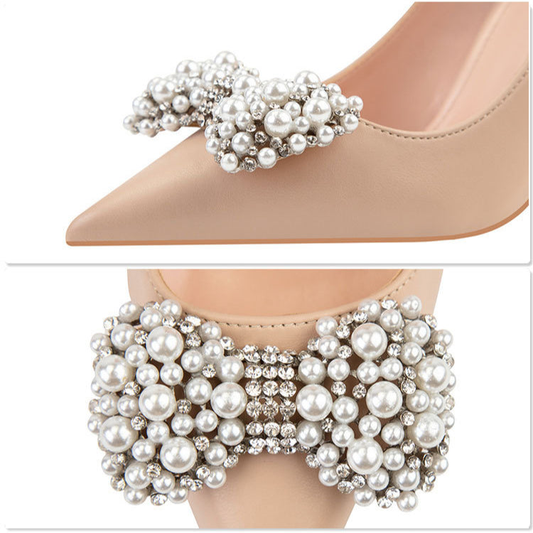 Fashion pointed pearl bow high heels