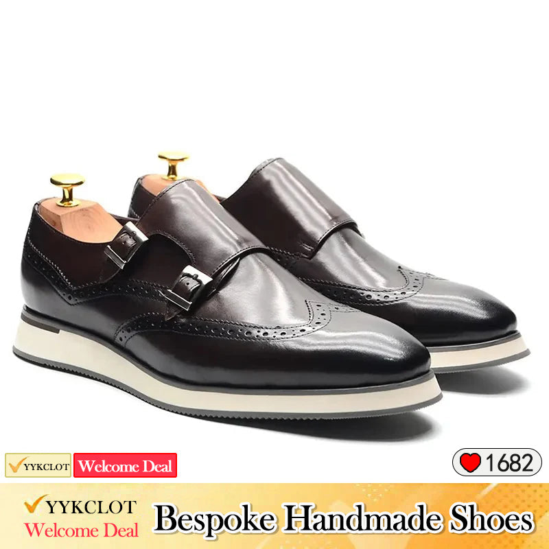 Black classic casual shoes Men's leather double-buckle sneakers