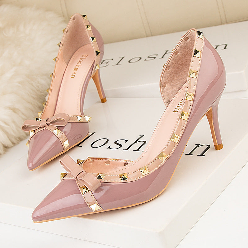 Sexy pointed side hollow rivets nightclub high heels women's shoes