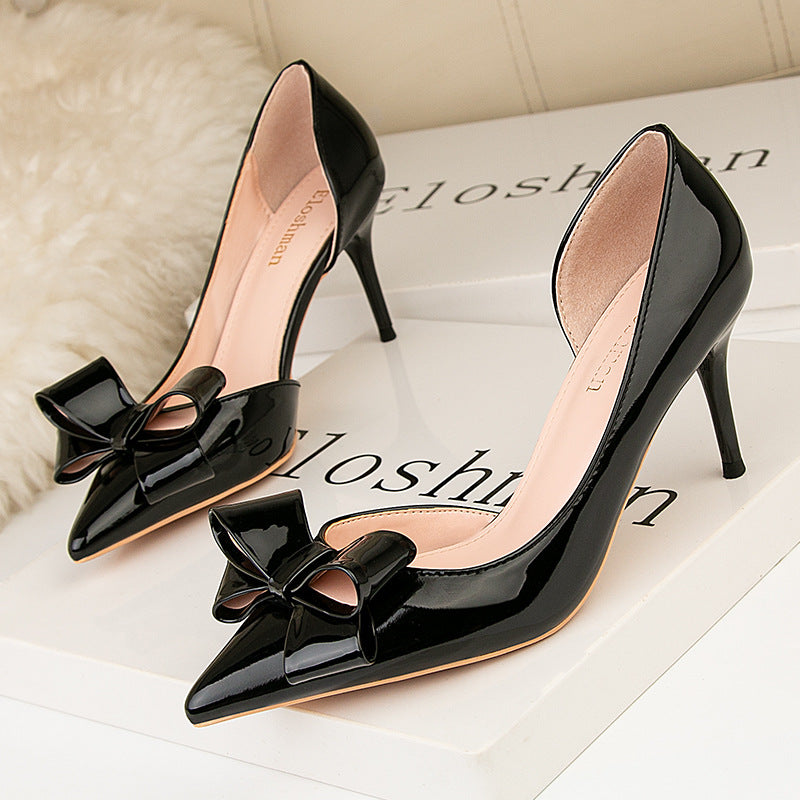 Fashion bow side hollow single shoes high heels