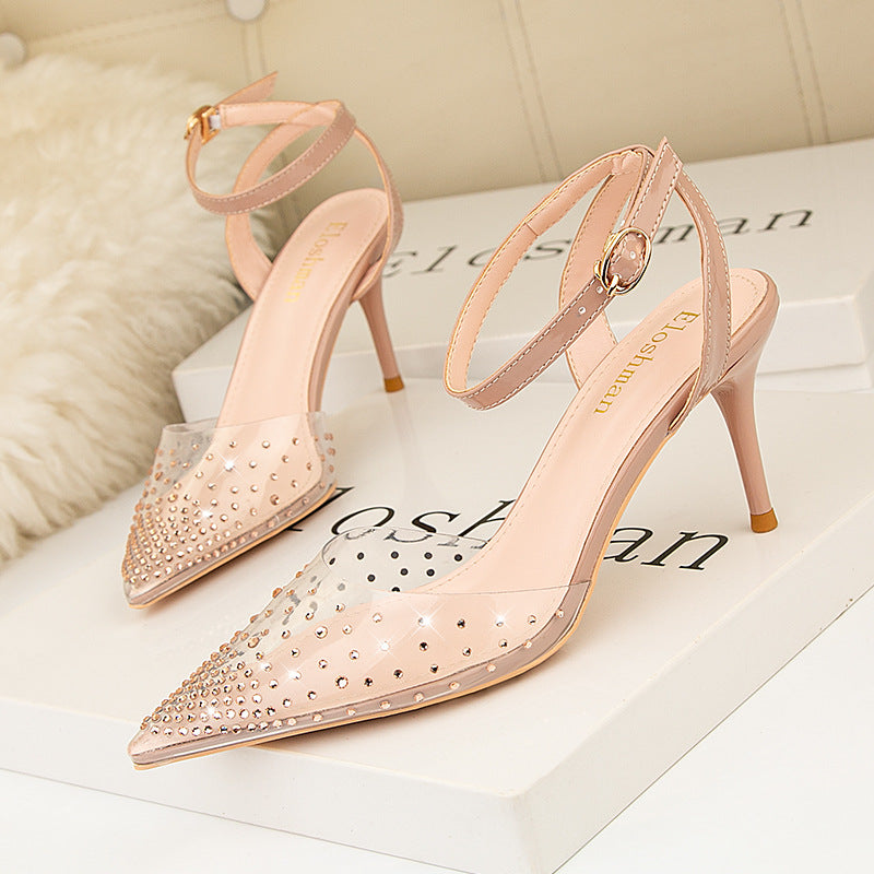 Simple pointed transparent rhinestone word with high heel sandals