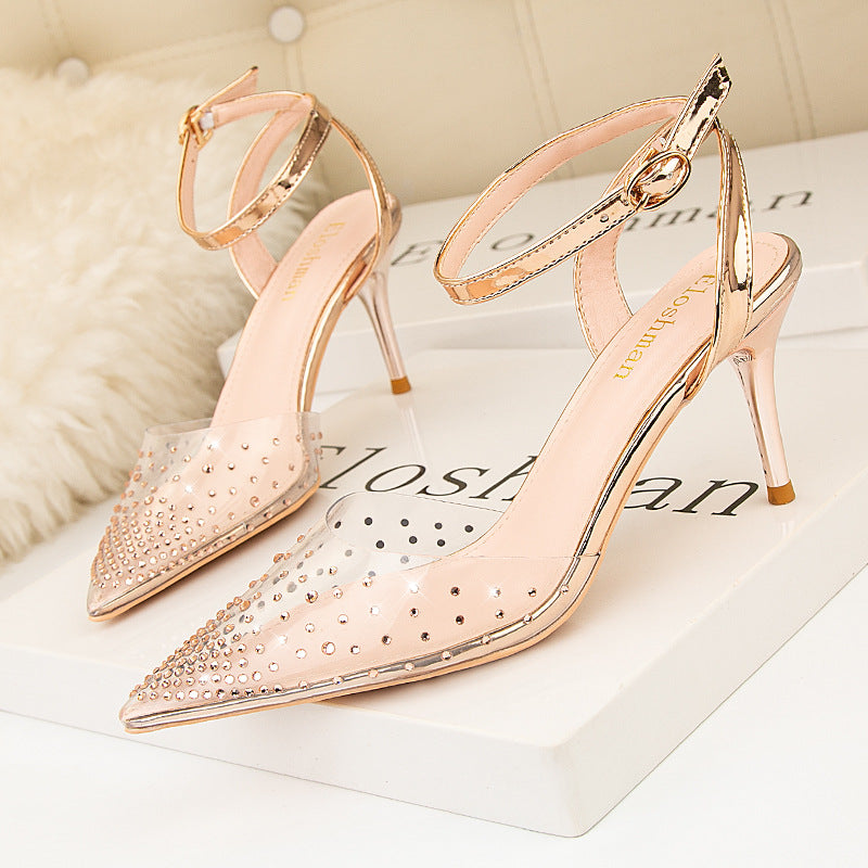 Simple pointed transparent rhinestone word with high heel sandals