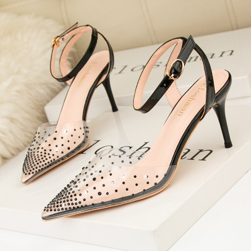 Simple pointed transparent rhinestone word with high heel sandals