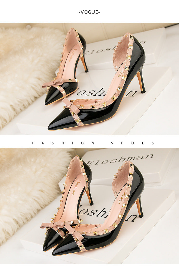 Sexy pointed side hollow rivets nightclub high heels women's shoes