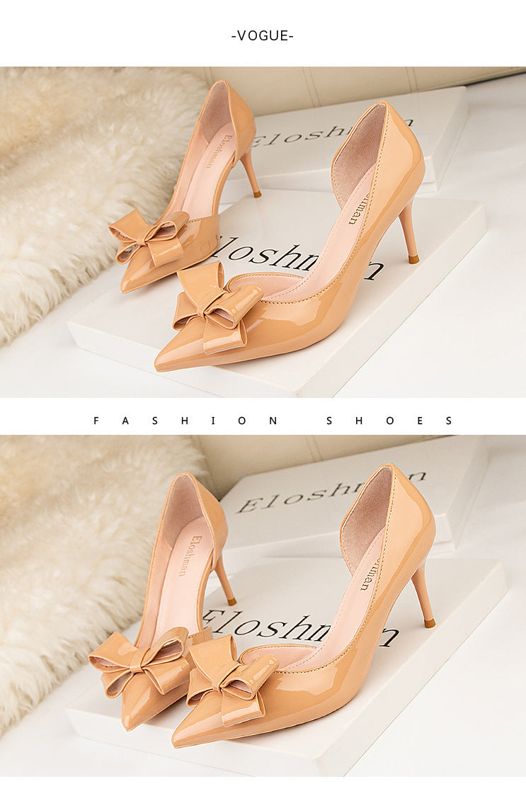 Fashion bow side hollow single shoes high heels