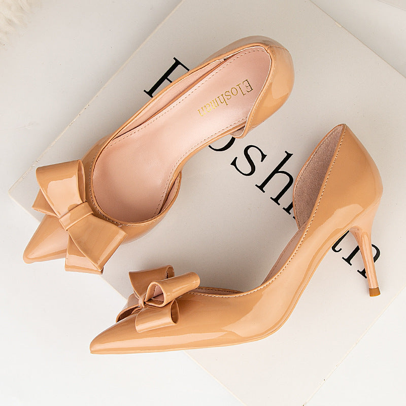 Fashion bow side hollow single shoes high heels